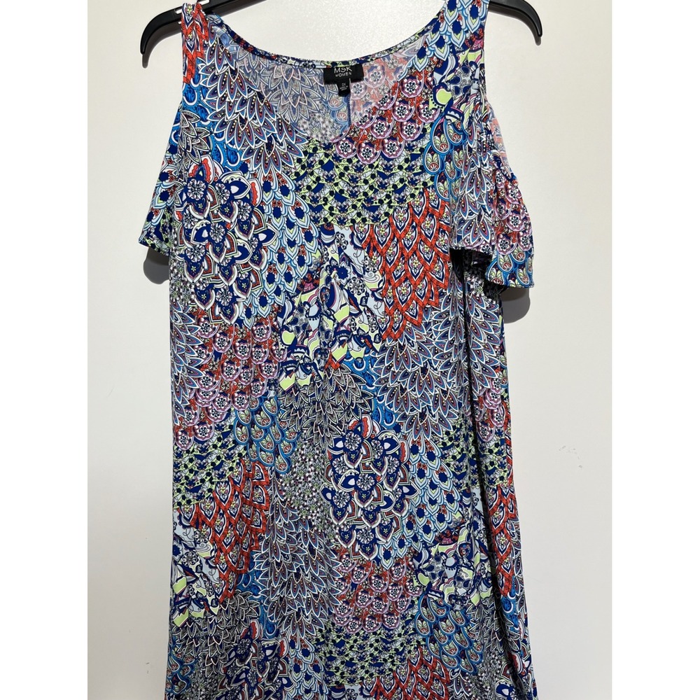 MSK Women 2X Maxi Dress Blue Red Paisley Cold Shoulder Ruffle Plus Size Boho